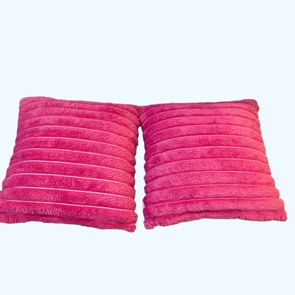 Set 2 Pink Throw Pillows Faux Fur Ribbed Soft Home Bed Decor